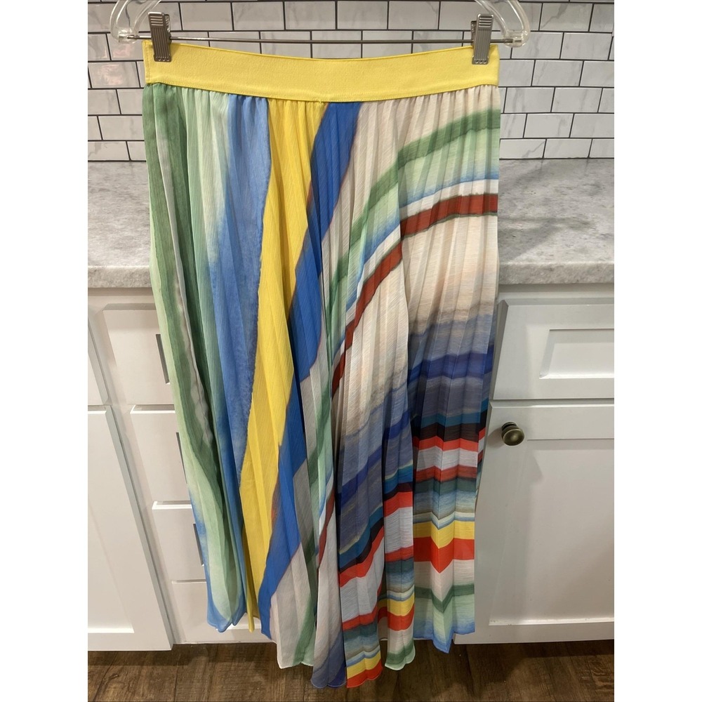 Gabby Isabella Skirt Womens Medium Blue Pleated Midi Rainbow Acordian Boho Hip